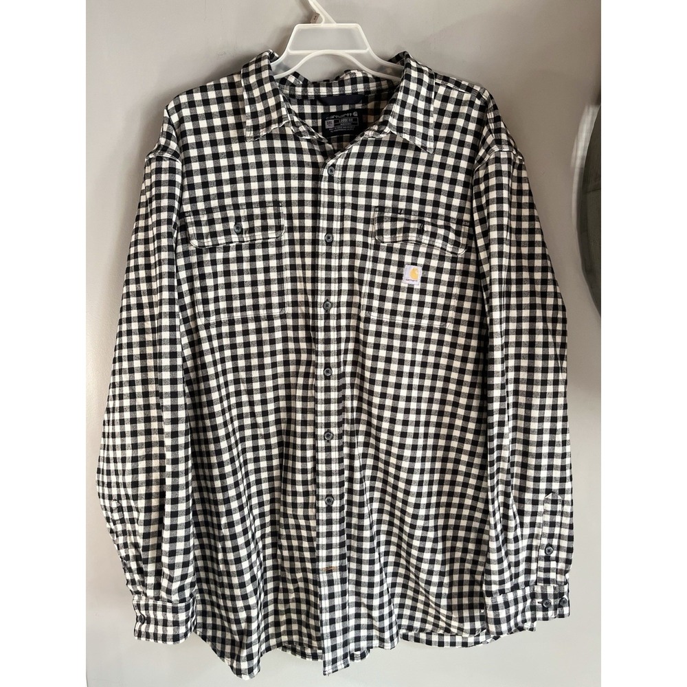 Carhartt Shirt Mens 3XL Tall Black White Plaid Flannel‎ Stretch Button Up